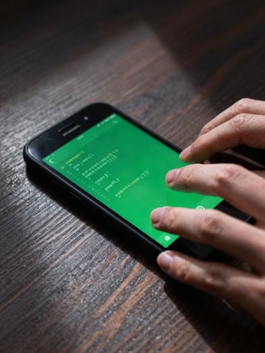 Macro shot of hands typing code on a physical Android phone lying on a dark wooden workbench, high-contrast daylight with sharp shadows, electric green screen accents