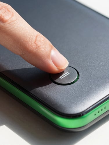 Macro shot of a thumb pressing a physical button on a dark grey Android device, sharp sunlight, green accent light reflecting off the glass edge