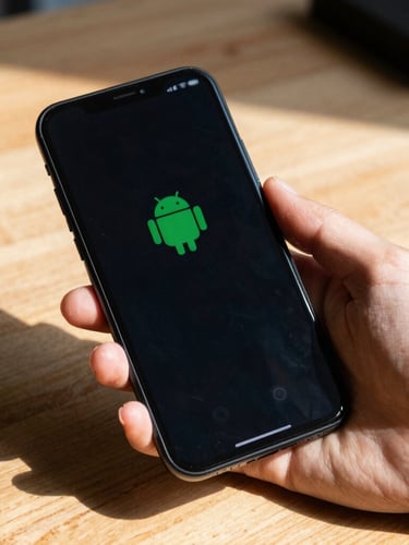Macro shot of a hand holding a physical Android phone in natural daylight on a wooden workshop desk, crisp shadows, high-contrast UI visible on screen