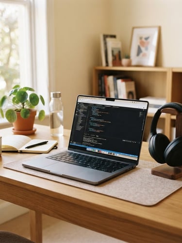 Bright professional photography of a clean home office setting, natural daylight, soft warm tones, modern laptop and professional headset on a wooden desk, 35mm
