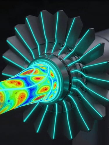 Macro close-up of a high-fidelity 3D CAD turbine mesh overlaid with glowing electric cyan CFD streamline vector fields, dark obsidian background, high-contrast digital rendering