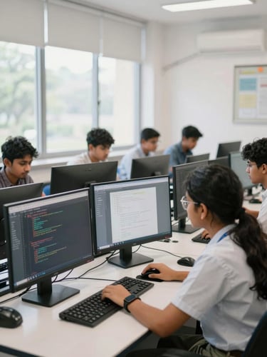 Bright modern computer laboratory in Bangalore with natural window light, students focused on screens displaying code and design layouts, 35mm lens