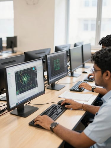 A warm, bright interior of a computer training classroom in Bangalore, with modern monitors and a student working on CAD software, natural daylight, 35mm lens