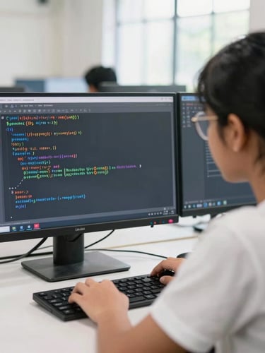 Over-the-shoulder shot of a student coding Python on a clean monitor in a bright Bangalore classroom, warm daylight, 35mm lens