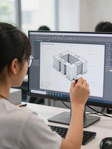 Over-the-shoulder shot of a student designing a 3D building layout in Revit on a large monitor, bright Bangalore classroom setting, natural light