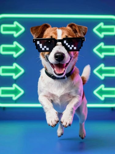 Vibrant flash photography of a happy Jack Russell Terrier wearing pixelated sunglasses, jumping in front of a retro neon chart with green arrows, wide-angle lens, 35mm
