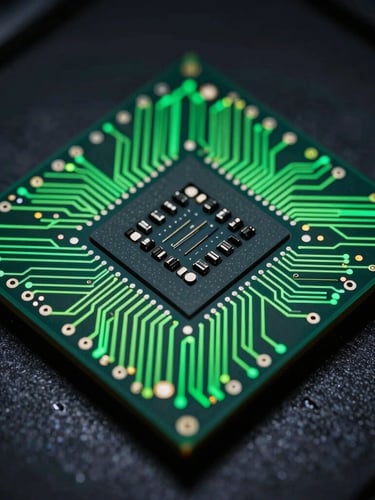 Macro close-up of high-speed server processors with intense green neon circuit lines under low key studio lighting