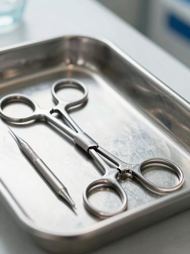 Close-up of sterilized surgical instruments on a clean stainless steel tray, bright clinical lighting, natural midday light, sharp focus.