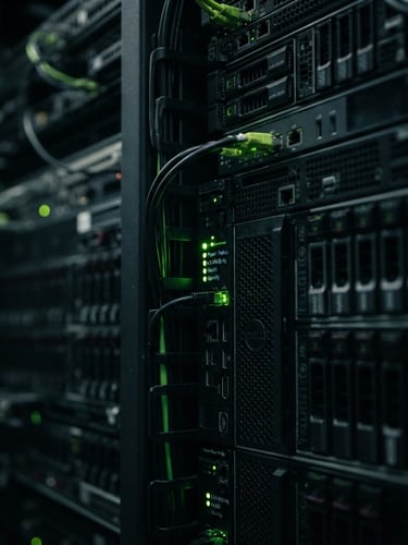 Macro shot of a modern secure server rack with glowing neon green LED indicators, dark slate background, high contrast cinematic lighting