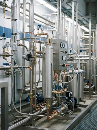 Clean industrial photography of a modern stainless steel water filtration depot, polished copper and steel pipes, bright clinical blue and white lighting, sharp focus on water ionization equipment, 35mm