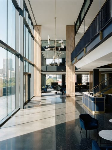 Wide architectural shot of a modern corporate office interior, crisp morning window light, sharp shadows, deep navy and gold accents, structured lines, 35mm, no people.