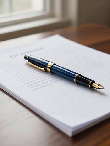 Close-up of a fountain pen resting on structured legal documents on a polished dark wood desk, crisp window light, deep navy and gold accents, 35mm.