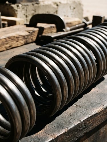 Macro shot of a heavy-duty, coiled steel torsion spring, new and clean, with strong desert sunlight creating sharp shadows, industrial editorial photography, 35mm
