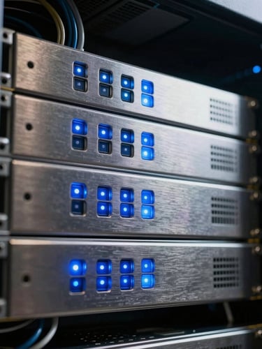 A tight, high-contrast macro shot of a server rack with cool blue indicator lights reflecting on brushed metal surfaces, clean architectural wiring.