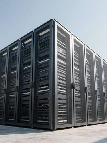 Wide angle architectural view of a modern data center exterior, clean concrete lines, bright daylight, structural steel frame
