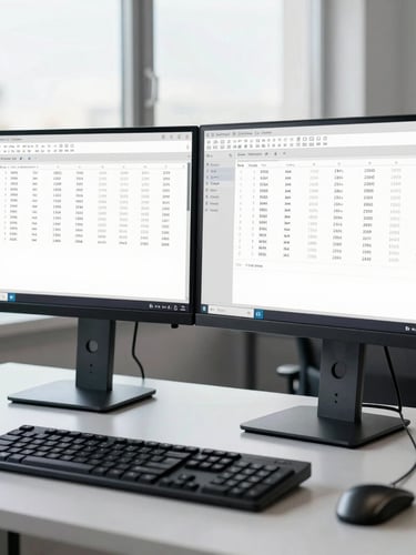 A clean, modern technical workstation with dual high-resolution monitors displaying structured XML content models and digital asset taxonomies, bright natural daylight, cool professional tone.