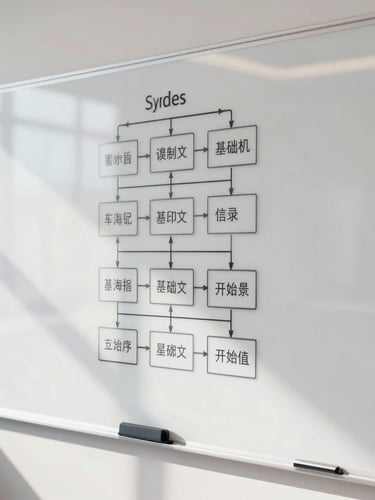 A bright, professional office whiteboard showing structured system architecture diagrams, clean lines, natural daylight, high clarity.