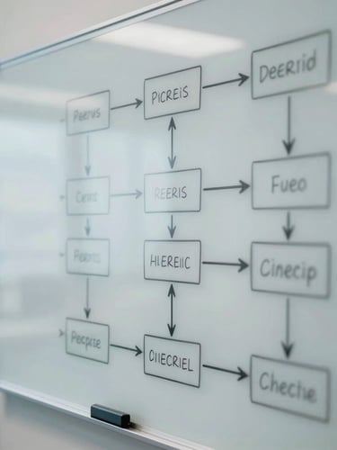 Close-up of a glass whiteboard in a bright office showing structured process mapping diagrams and flowcharts, cool-toned lighting, sharp focus.