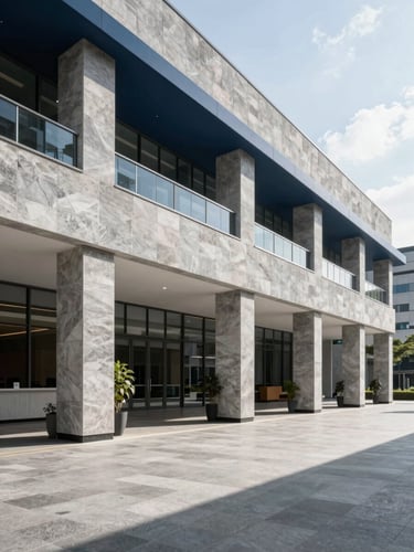Wide-angle view of a modern civic building lobby, clean architectural lines, bright natural daylight, structured slate gray and navy accents, professional atmosphere.