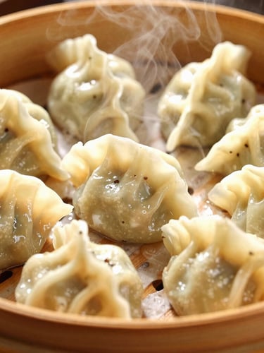 Macro close-up of steaming pork dumplings in a bamboo basket, warm high-key directional light highlighting glistening wrappers and rising steam, rich saturated colors, 35mm photography.