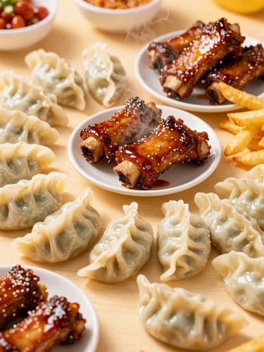 Vibrant close-up of a giant overhead table spread, steaming dumplings, glazed ribs, and crispy fries under warm directional light, 35mm