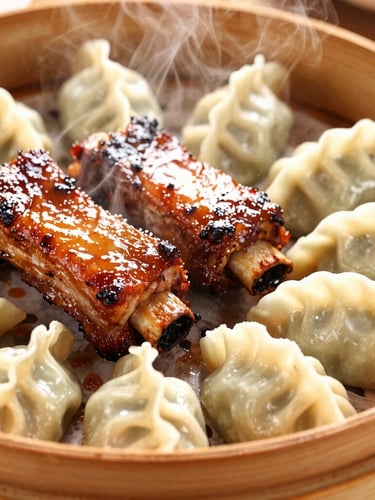 Vibrant close-up of a steaming hot Chinese dumpling basket next to glistening hickory-smoked BBQ ribs, warm high-key directional light, rich saturated colors, macro depth of field, 35mm