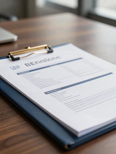 Close-up of structured corporate finance documents on a dark wooden desk, natural daylight, professional corporate setting, 50mm lens
