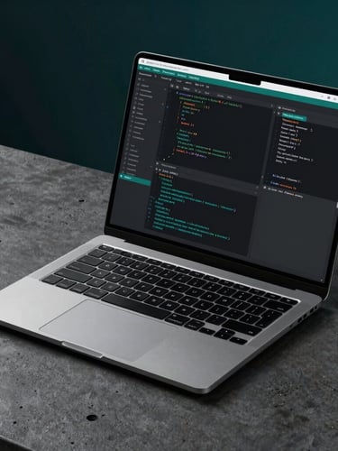 Sleek modern laptop on a dark concrete desk displaying clean, organized code, crisp cool studio lighting with electric teal accents, sharp macro focus, 35mm lens