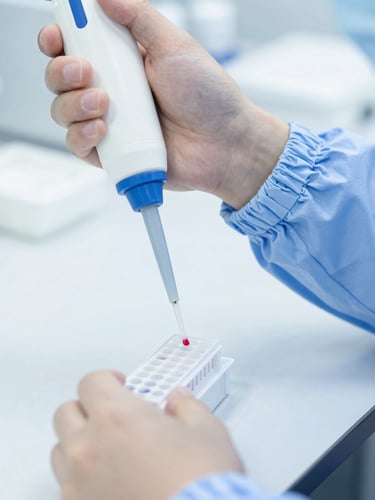 Sharp macro focus on a professional technician in clean scrubs pipetting a sample into a molecular PCR plate, bright sterile white laboratory lighting.