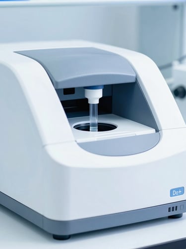 A sharp macro shot of a high-tech molecular PCR machine in a sterile clinical laboratory, bright daylight, cool blue tones, high-key studio light
