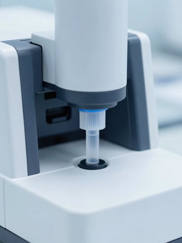 Crisp macro shot of high-tech laboratory analyzer with bright clinical lighting, sterile white and cool blue tones, sharp focus on a sealed test kit.