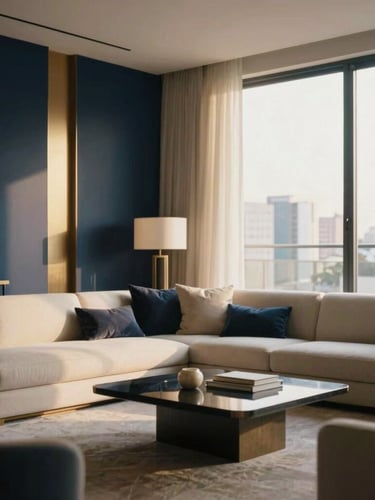 High-end residential penthouse living room in São Paulo, warm natural golden-hour light, minimalist luxury decor with deep navy accents, soft focus, 35mm editorial photography.