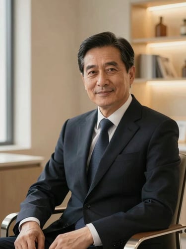 Elegant portrait of a male doctor in his 40s with a warm but authoritative look, wearing a dark tailored suit, sitting in a refined modern medical office with warm lighting, shallow depth of field, 35mm.