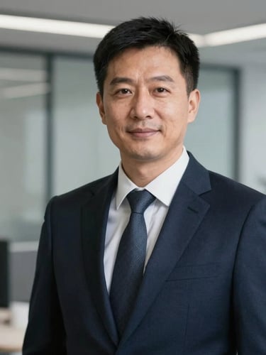 Professional, non-smiling portrait of a male accountant in a sharp navy suit, cool diffused office lighting, desaturated navy and gray tones, sharp focus, editorial corporate photography