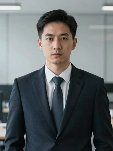 Professional portrait of a male accountant in a sharp dark suit, cool diffused office background, desaturated navy tones, serious expression.