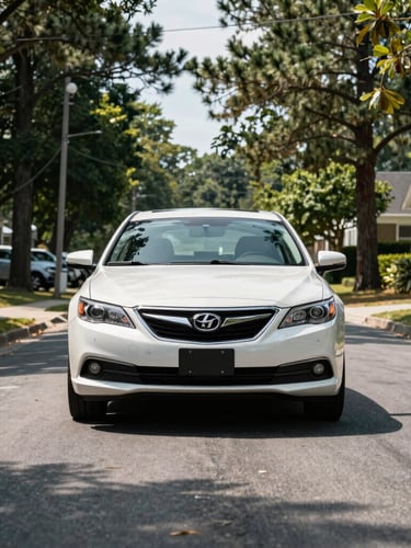 Straight-on medium shot of a clean family sedan parked on a quiet Durham residential street, bright midday natural light filtering through North Carolina pine trees.