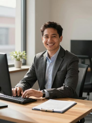 A friendly licensed insurance agent sitting at a bright wooden desk in a Durham office, warm natural light from a window, clean modern workspace, professional and approachable.