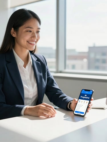 Bright, clean midday photo of a modern Durham office desk with a licensed agent smiling, natural light streaming through windows, a smartphone displaying the Progressive mobile app on the desk