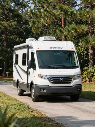 Straight-on eye-level medium shot of a modern family RV parked in a green North Carolina pine driveway under bright midday sun.