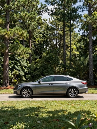 A family car parked in a green North Carolina driveway surrounded by tall pine trees, bright midday natural light, clean and realistic.