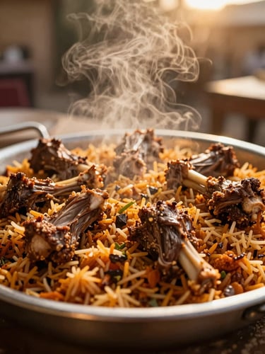 Warm editorial photography of a steaming communal platter of lamb mandi on spiced rice, low-angle golden hour light, rich amber tones, shallow depth of field, 35mm