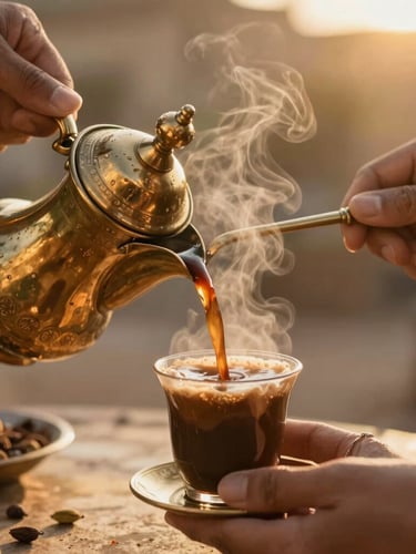 Close-up of hands pouring cardamom-infused Arabic coffee from a traditional brass dallah into a small cup, warm low-angle golden hour light, steam rising, shallow depth of field, 35mm