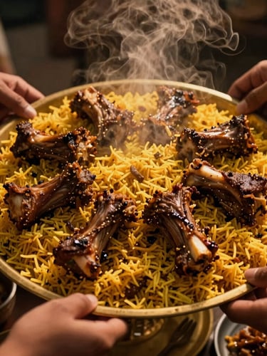 Overhead cinematic shot of a steaming communal platter of spiced lamb and yellow rice on a brass tray, warm low-angle golden hour light, rich amber tones, hands reaching to share, 35mm