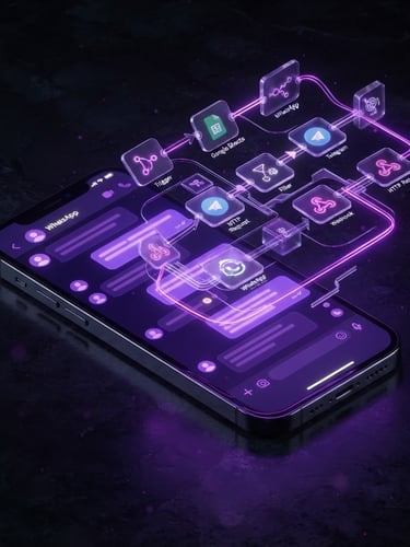 Sleek 3D render of a smartphone displaying a glowing purple WhatsApp interface linked to a holographic n8n workflow diagram, dark obsidian background, octane render, isometric perspective