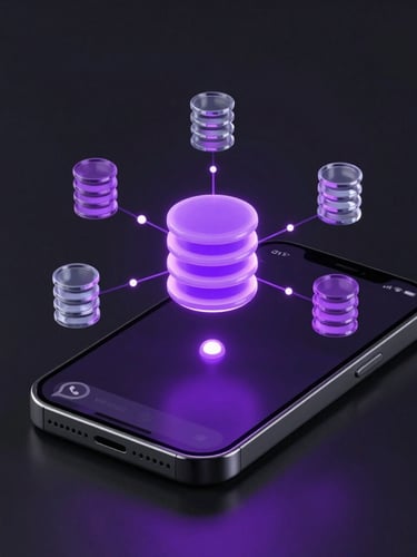 Sleek 3D render of a smartphone displaying a WhatsApp chat interface with glowing purple nodes, connected to floating database icons, dark obsidian background, glassmorphism textures, neon accents