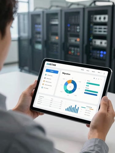 Over-the-shoulder perspective of an IT director reviewing data migration progress on a tablet, modern clean university server room in the background, soft natural daylight.