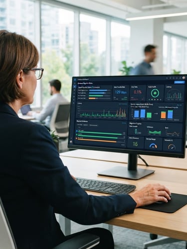 Over-the-shoulder perspective of an IT director reviewing a clean database migration dashboard on a monitor in a bright modern office, natural daylight, 35mm lens