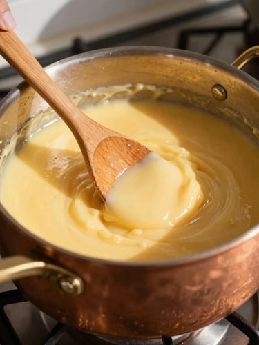 A close-up of a copper pot on a clean stove, a wooden spoon stirring thick golden custard, flecks of real vanilla bean visible in the warm afternoon light.