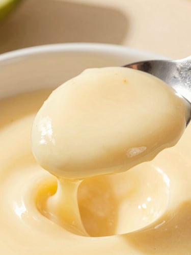 Macro texture shot of a spoon lifting thick, glossy vanilla-flecked pudding, warm afternoon Miami sunlight casting soft shadows, shallow depth of field.