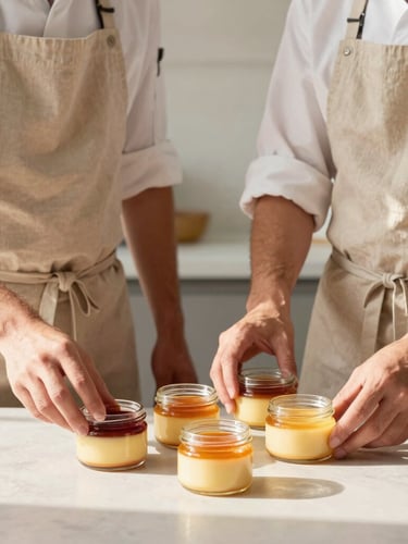 An editorial portrait of two pastry chefs in clean beige linen aprons arranging custard jars on a minimalist table, warm afternoon Miami sunlight, soft shadows.